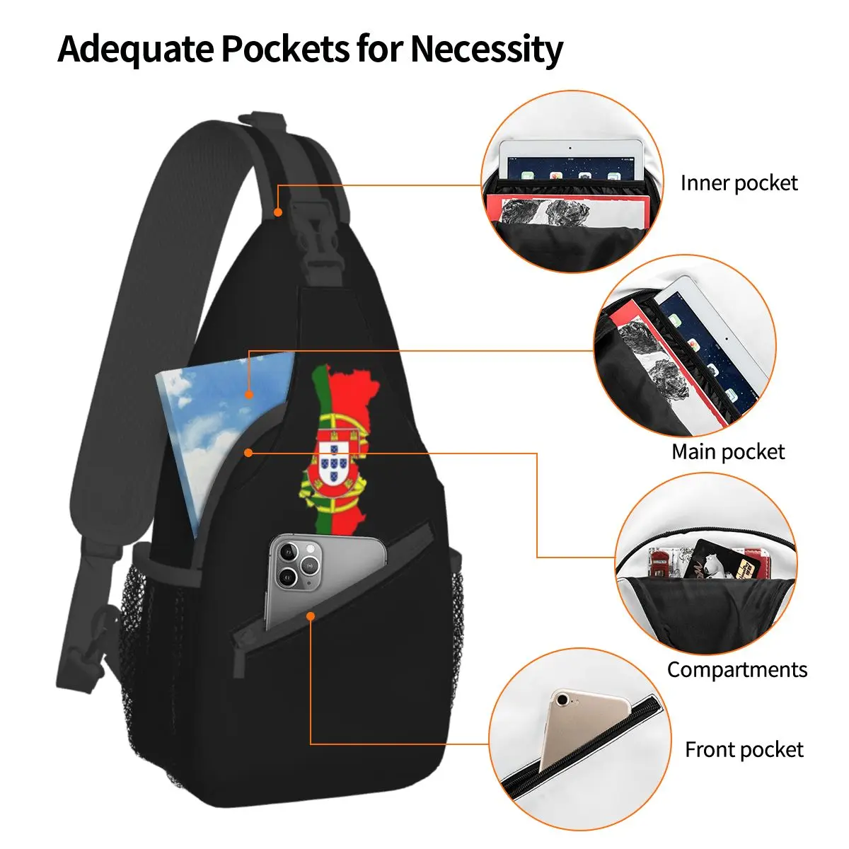 Portugal Map Flag Crossbody Sling Bags Pattern Chest Bag Portuguese Flag Shoulder Backpack Daypack Hiking Travel Camping Satchel