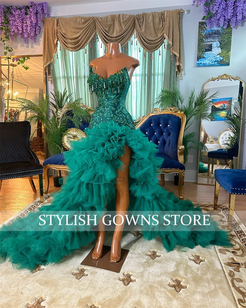 Emerald Green Strapless Tassel Long Prom Dresses Black Girls Bead Appliques 2024 Birthday Luxury Dress Ruffles Gown With Split