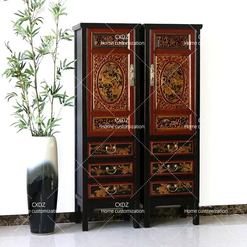 Ming Qing Style Antique Solid Wood Carved Flower Bookcase Retro Hand Painted Porch Storage Decorative Locker Shelf