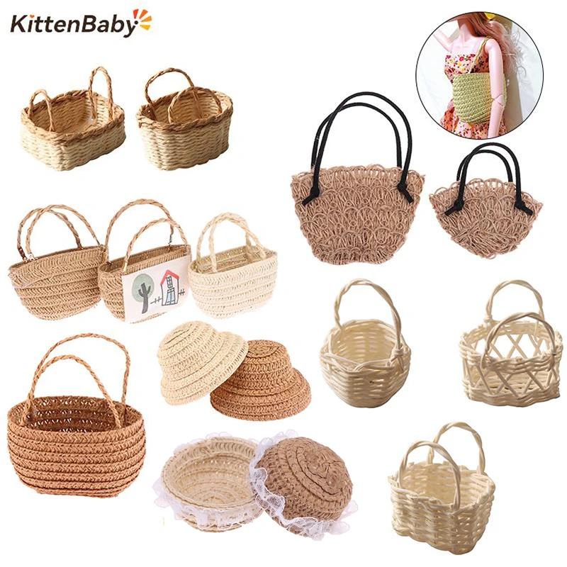 

1/12 Dollhouse Woven Bread Basket Shopping Basket Straw Handbags/Hat Dollhouse Weaving Beach Bag For Dolls Miniature Decoration