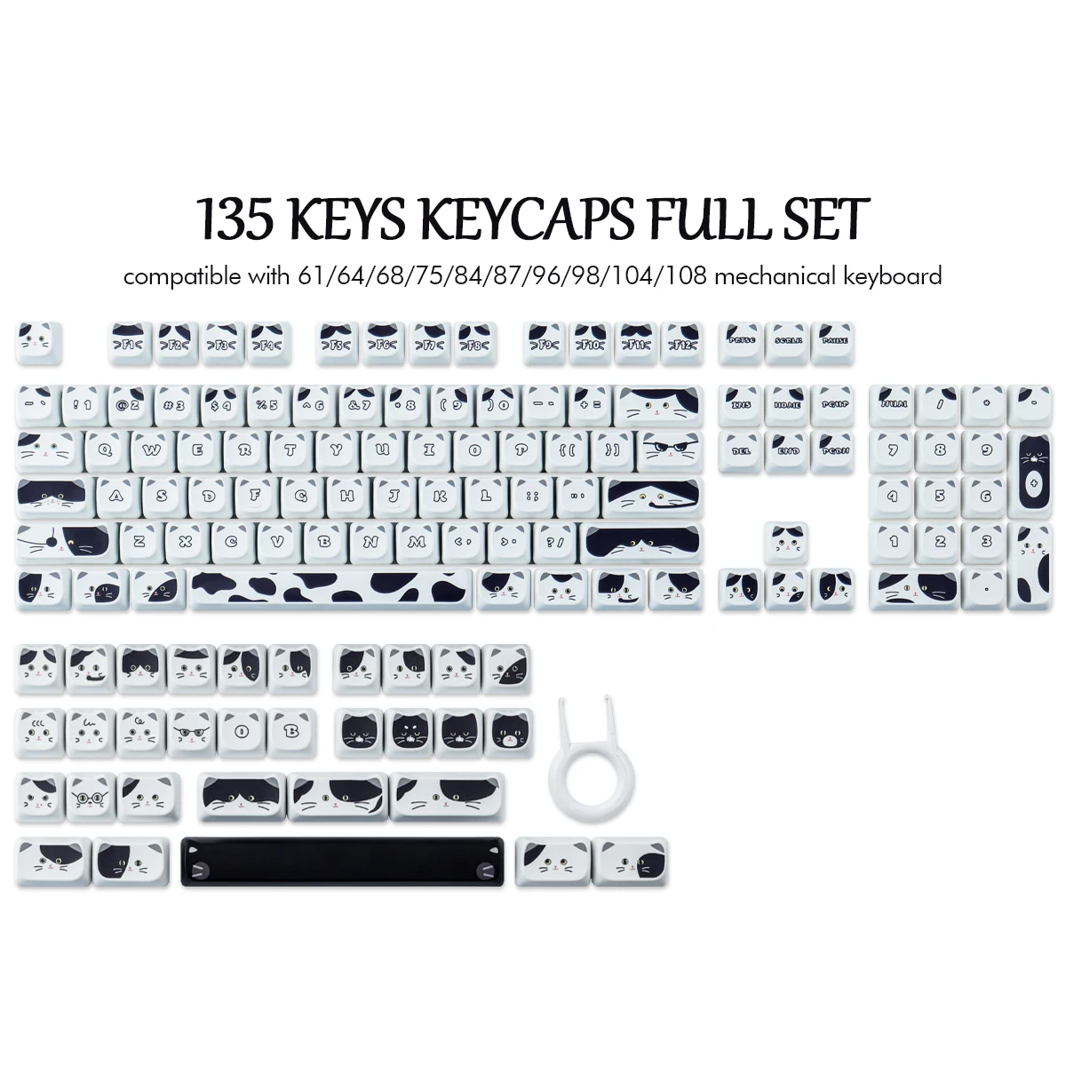 135 Keys PBT DYE-Sublimation Cat Head Keycap Black White Kitten Keycap MAO Profile For Mechanical Keyboard Keycaps Cat