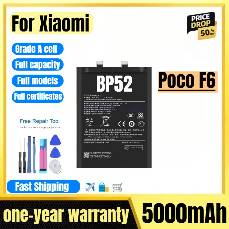 

BP52 for Xiaomi Poco F6 Mobile Phone Battery High Quality High Capacity Battery Replacement Bateria Grade A Cell with Tools
