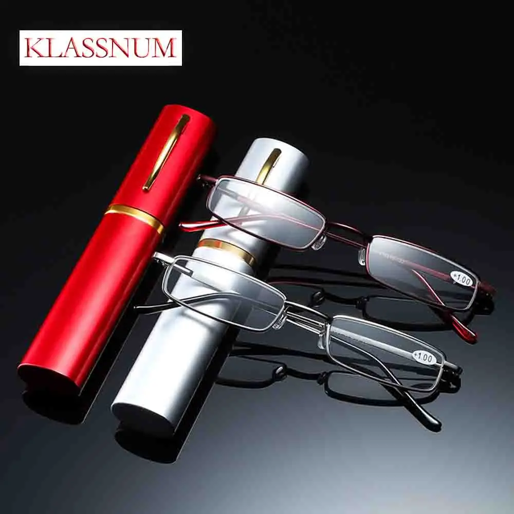 KLASSNUM Elegant Portable Mini Reading Glasses for the Elderly Metal Frame Pen Box Ultra-thin Men Women Reading Glasses With Box