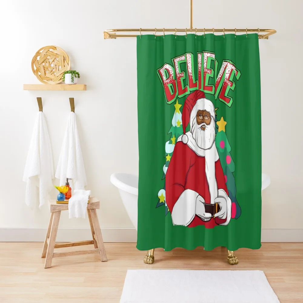 Believe Black Santa Claus Merry Christmas African American Shower Curtain Bathtub Bathroom Shower Set Curtain