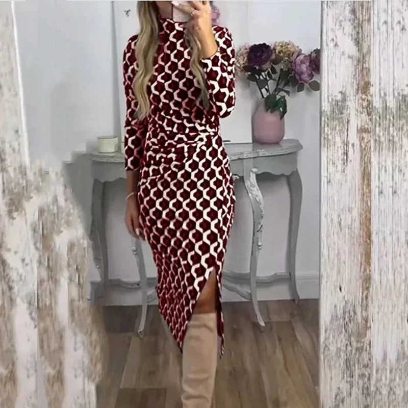 

Women Fashion Pattern Printed Long Sleeve Hip Wrap Dress Autumn Half Turtleneck Dress All-match Ladies Slim Waisted Split Dress