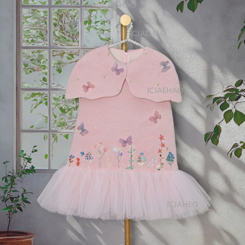 2026 Children Girls Short Dress Vestido Elegant 3D Flower Kids Sleeveless Princess Gown Clothes Birthday Party Formal Costume