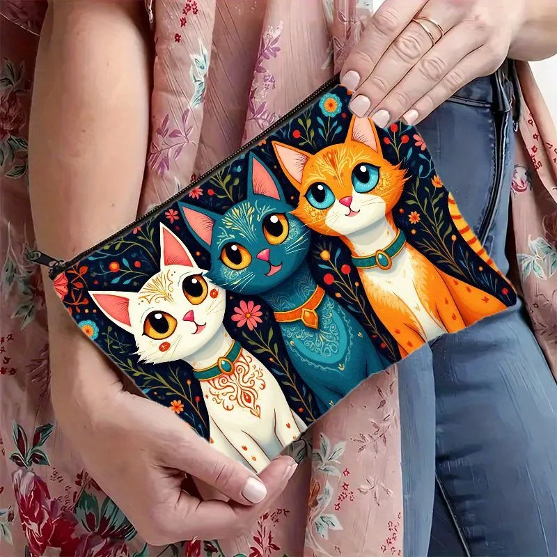 Vibrant Artistic Cat Design - Cute Cat Print Cosmetic Bag - 