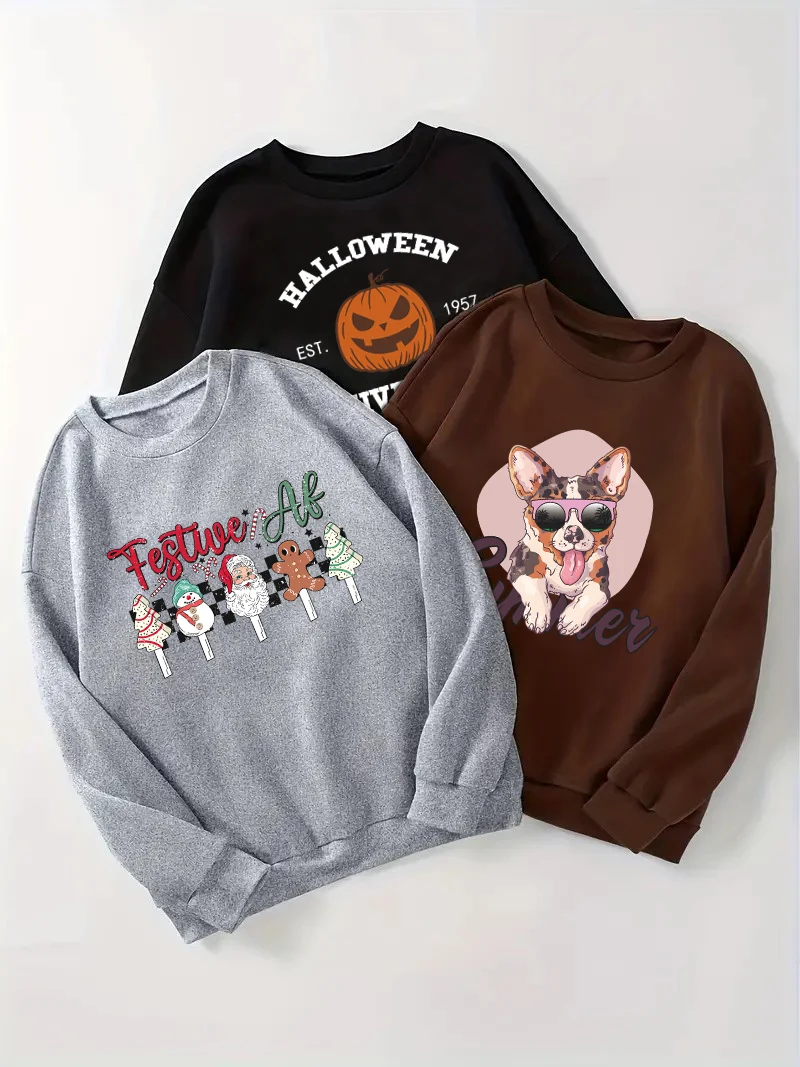 A variety of printed fashion hoodies popular for Halloween and Christmas, comfortable and loose women's crew-neck hoodies