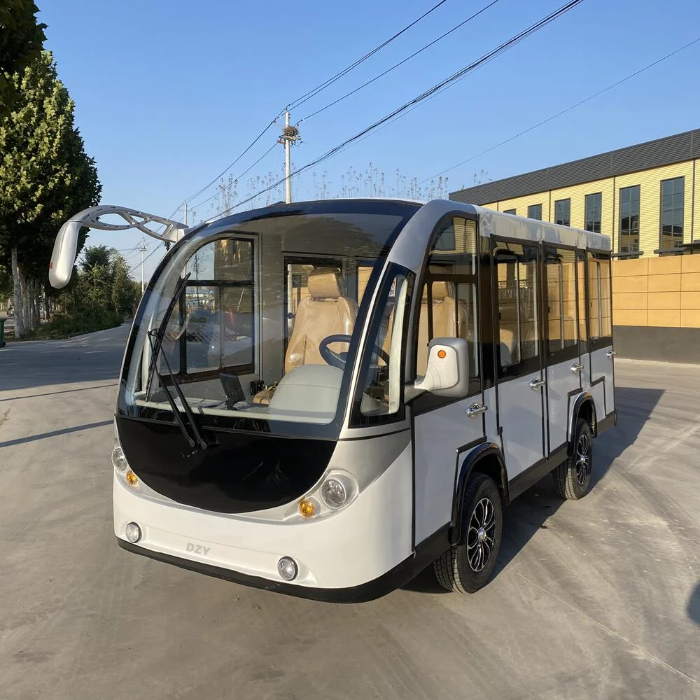 A classic electric sightseeing shuttle bus powered by batteries that can accommodate 14 passengers