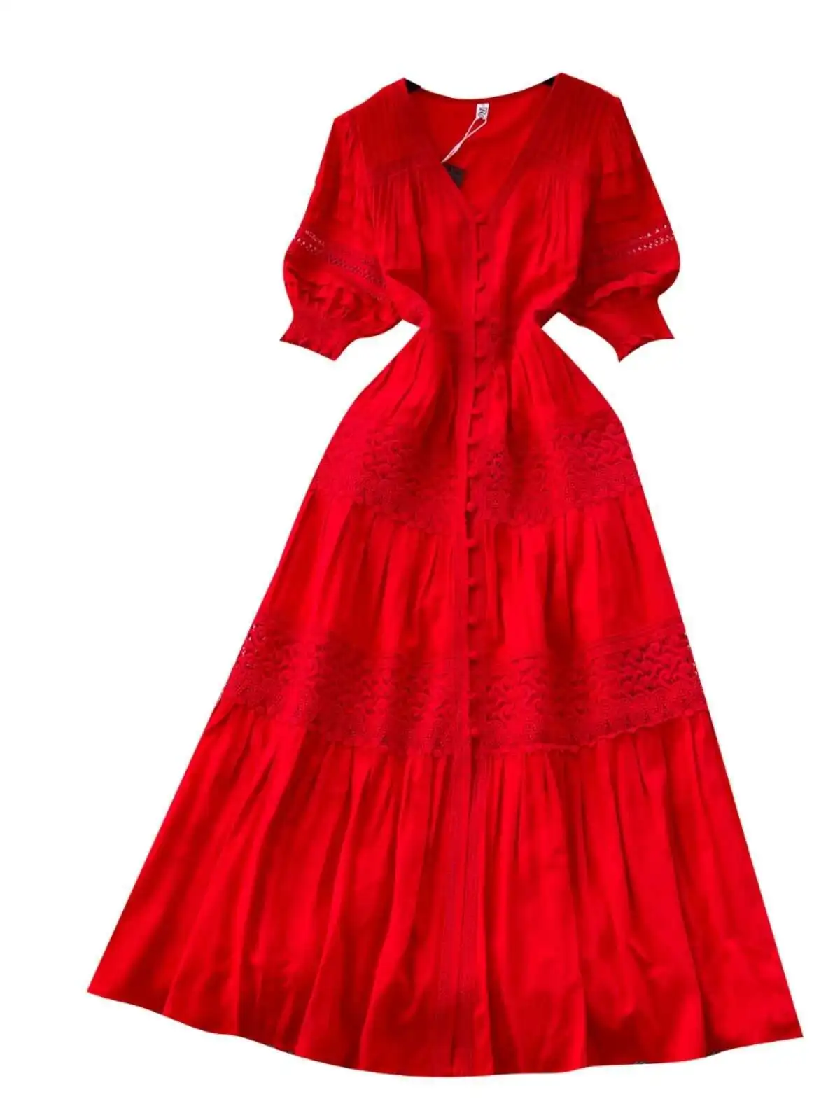 Eleganckie długie sukienki damskie Summer Holiday V Neck Bubble Sleeve Embroidery Hollow Out Buttons Cotton Linen Midi Party Vestidos