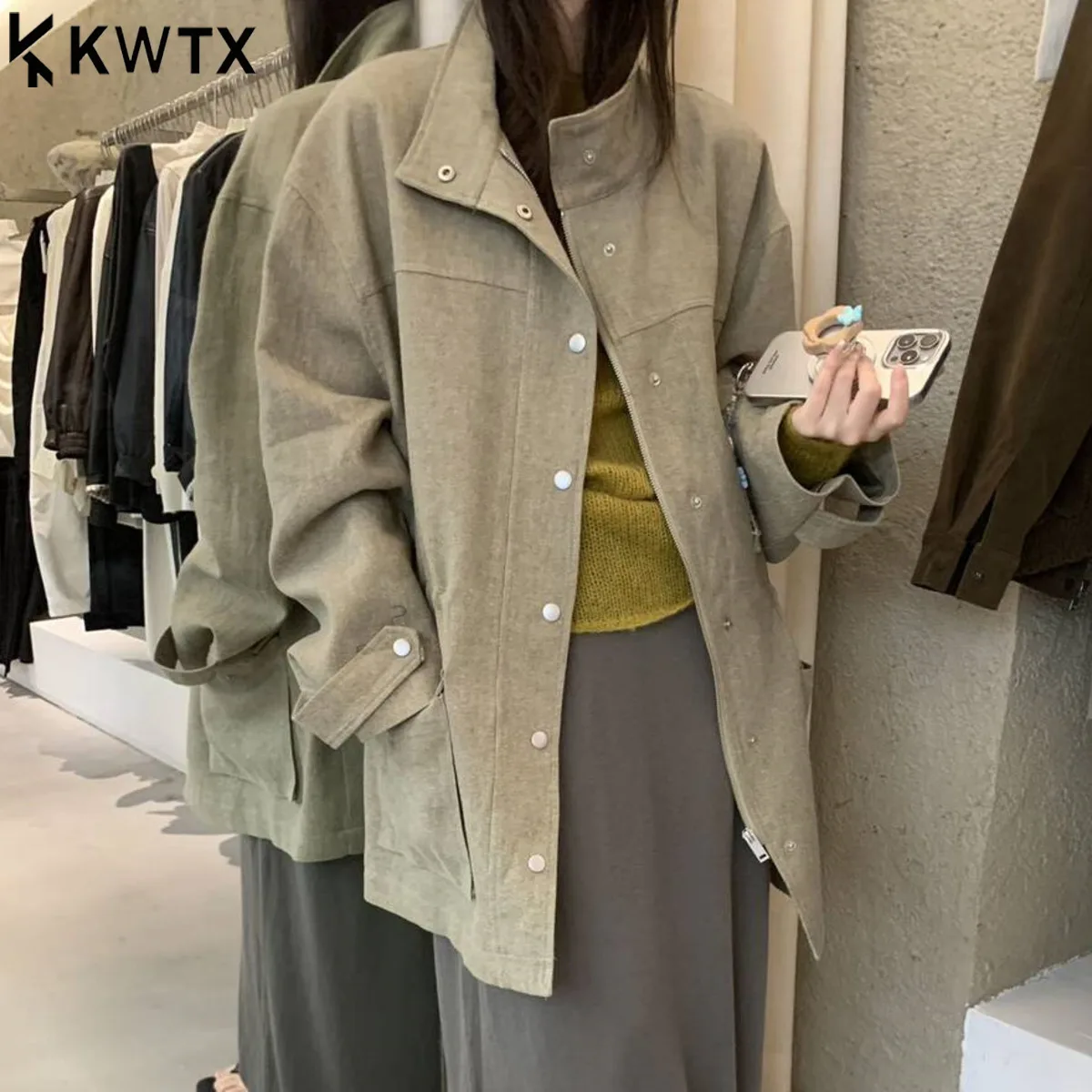 

KWTX 2025 женский повседневный плащ, осень-зима, средней длины, воротник-стойка, молния, однотонный, с завязками на талии и карманами премиум-класса