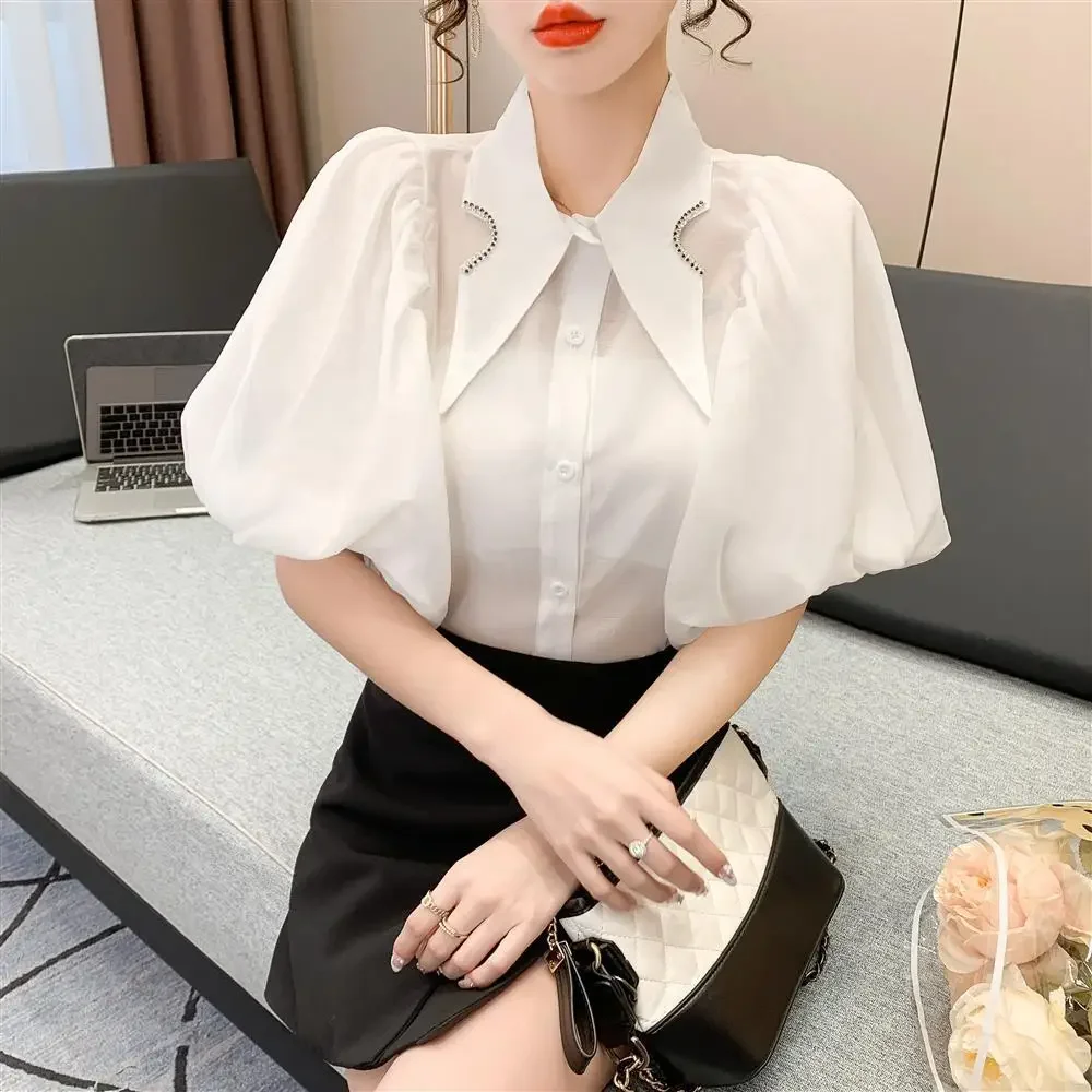 Summer Women\'s Tops Diamond Point Collar Lantern Short Sleeve White Shirt Korean Fashion Designer Women\'s Clothing Office