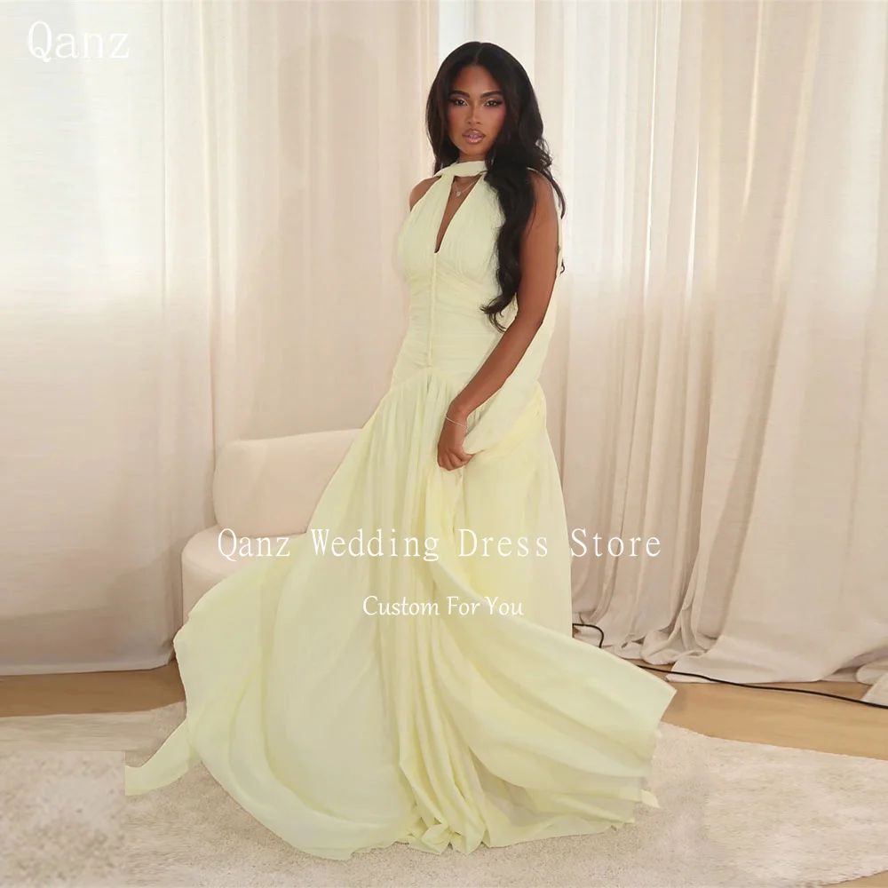 

Qanz Yellow Ladies Evening Dresses Chiffon V Neck Dubai Arabic Formal Occasion Dresses Long A Line Vestidos De Gala Customized