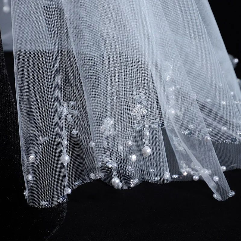 Mori Style Bridal Veil with Medium Long Pearl Lace, Elegant Wedding Headgear