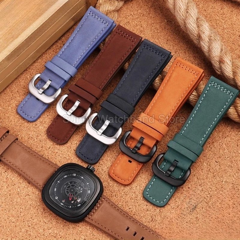 28mm Brown Black Coffee Purple Frosted Genuine Leather Watch Strap for Seven Friday SF-S1/2/3 M1/2/3 P1/2/3 Cowhide Bracelet