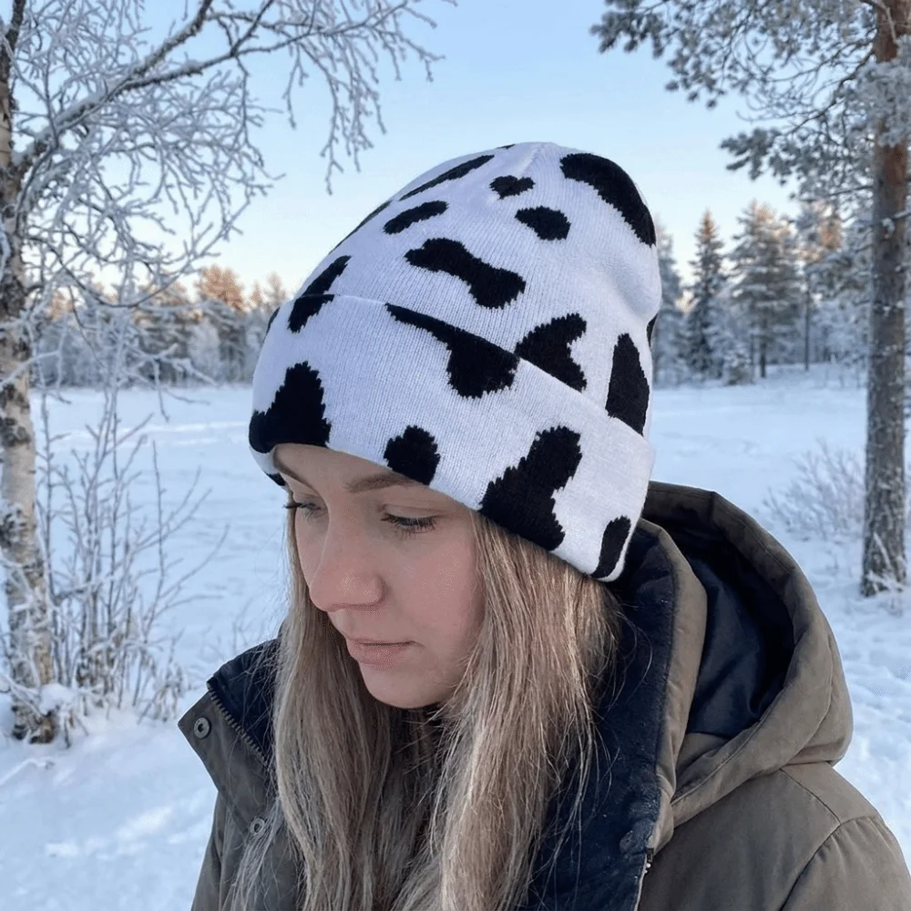 Versatile Thickened Cow Pattern Knitted Hat Keep Warm Ear Protection Pullover Hat Coldproof Elastic Winter Beanie Hat Winter