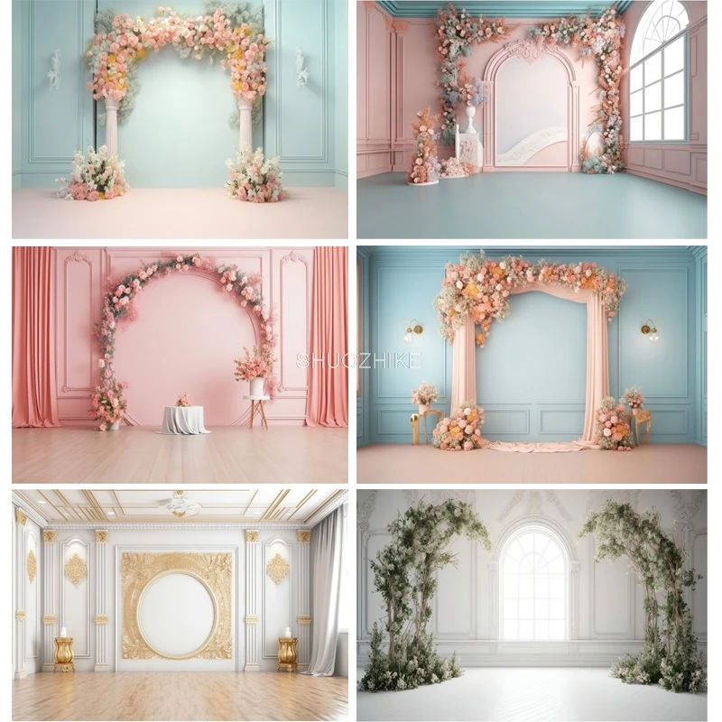 Romantic Fantasy Wedding Gate Bouquet Photography Backdrop Props Archway With Flowers Palace  Photo Studio Background HHL-03