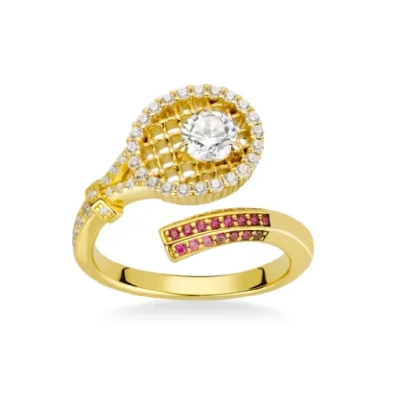 Bellux 925 Silver Gold Plated Synthetic Zircon Gold White Diamond Ruby Tennis Racket Design Hollow Unique Ring