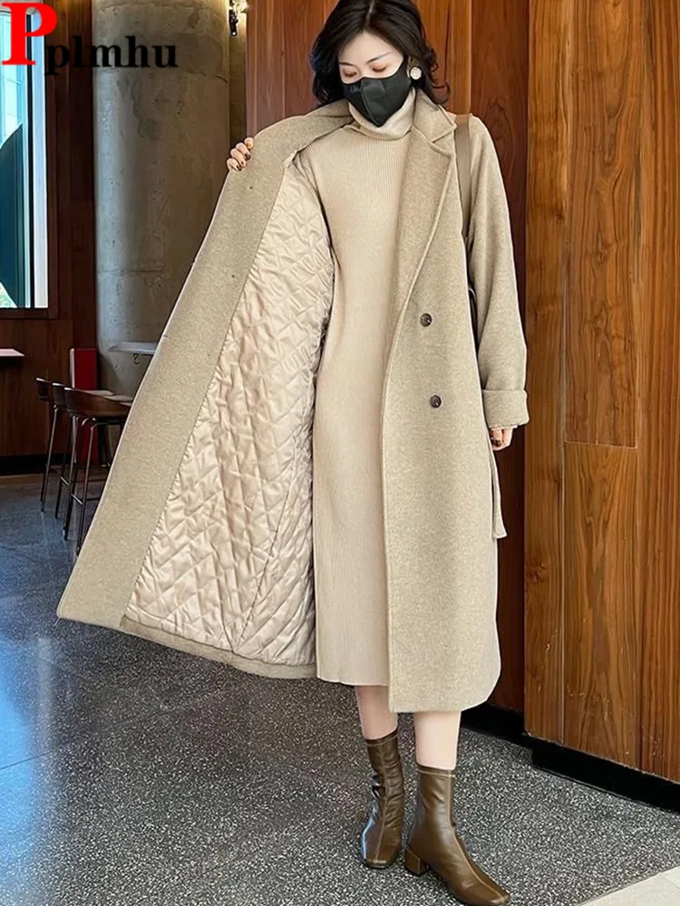 

Winter Down Cotton Woolen Jackets Coat Tops Lapel Double Breasted Wool Blend Elegant Casual Chaquetas Women Korea Veste Abrigos