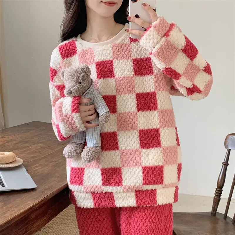 145Kg Pajamas Women's Autumn and Winter Fat Mm Coral Fleece Loose Women's Pullover Sweet Student Dormitory Loungewear Set Simple