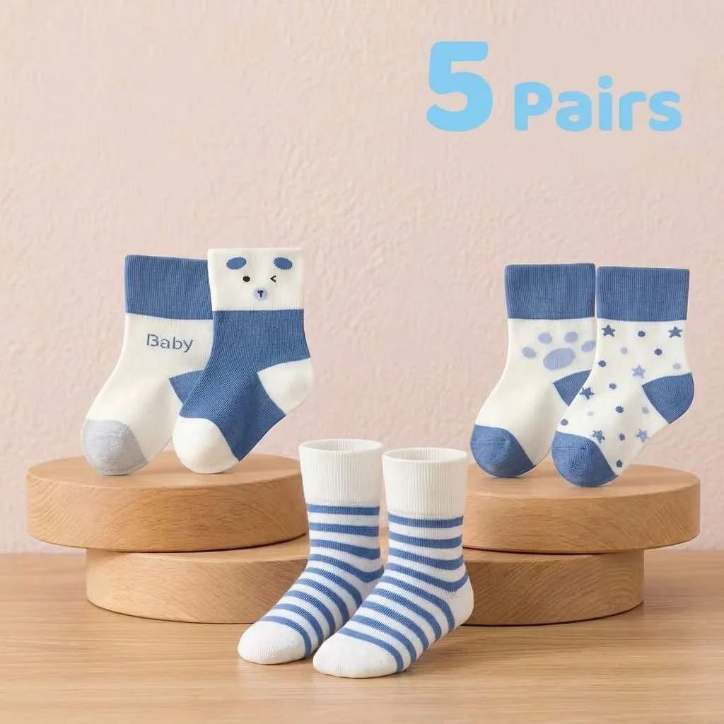 5 Pairs Newborn Baby Socks Blue Bear Mid Calf Soft Cotton Socks for Infant Boys Girls All Season - view 6