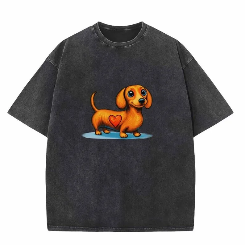 Retro Washed Cute Wiener Dog T-shirt Puppy Love Graphic Tee Harajuku Streetwear Loose Fit Acid Wash Unisex Summer Casual Top