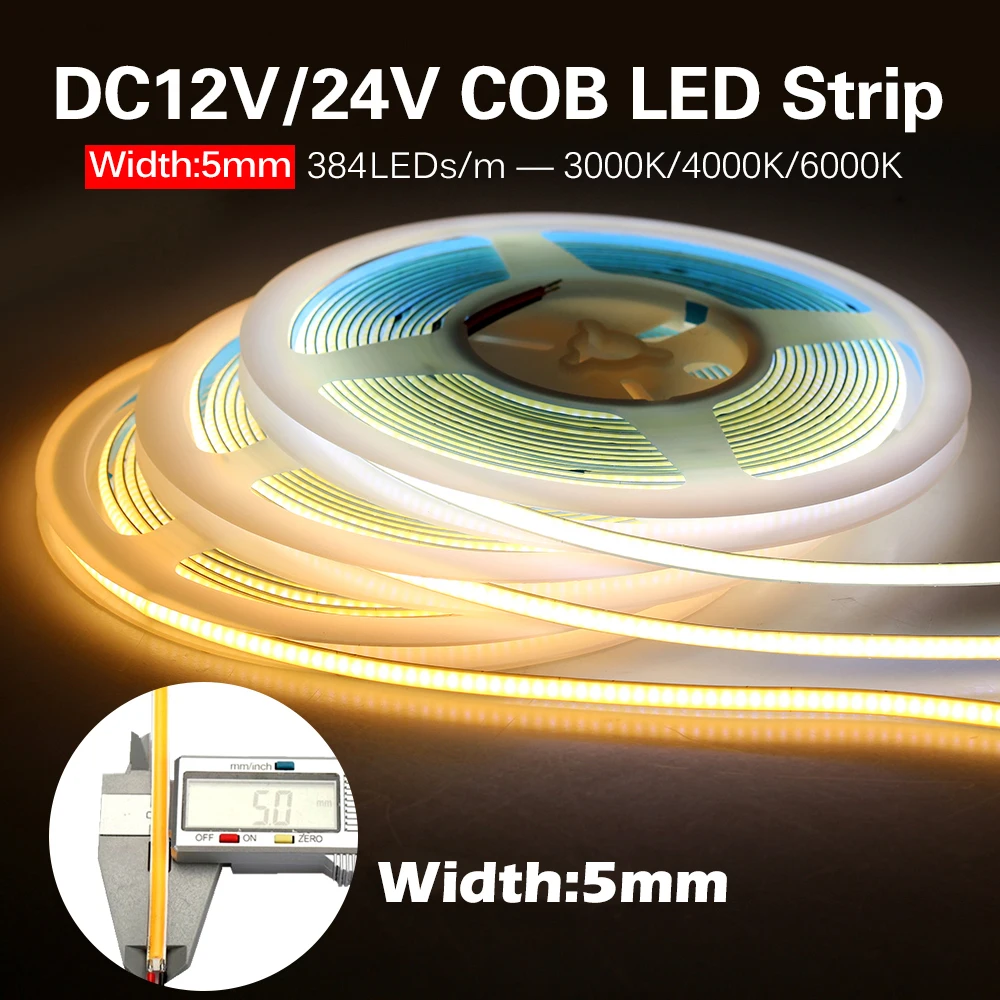 DC12V 24V 384 LEDs COB LED Strip Flexible Super Brightness COB LED Lights White / Warm White / Natural White Tape 5m