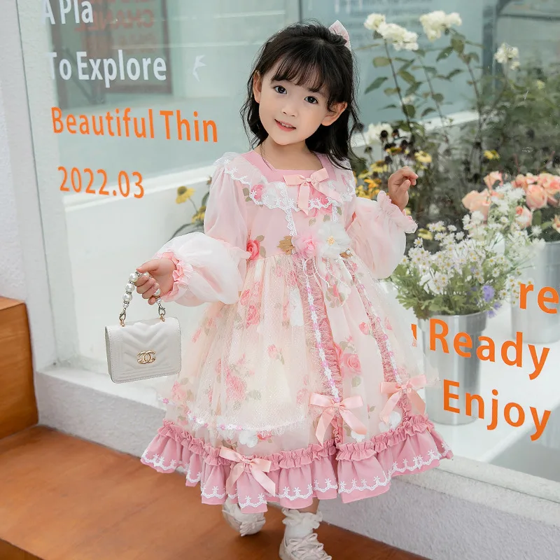 

Детское платье принцессы Лолиты с узором розовой розы, пышная юбка для девочек, милая юбка-пачка с рюшами, праздничное многослойное платье, платье на Хэллоуин