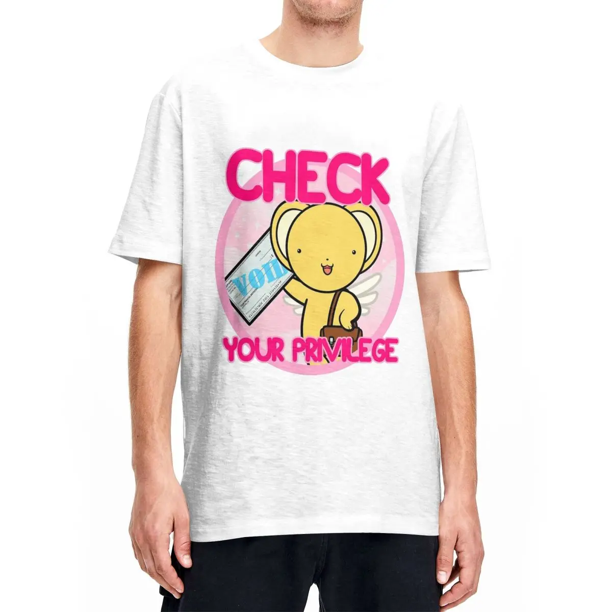 Vintage Cardcaptor Sakura Kero Says Check Your Privilege Tshirts Unisex Round Neck Short Sleeve Tops Cotton Summer Clothing