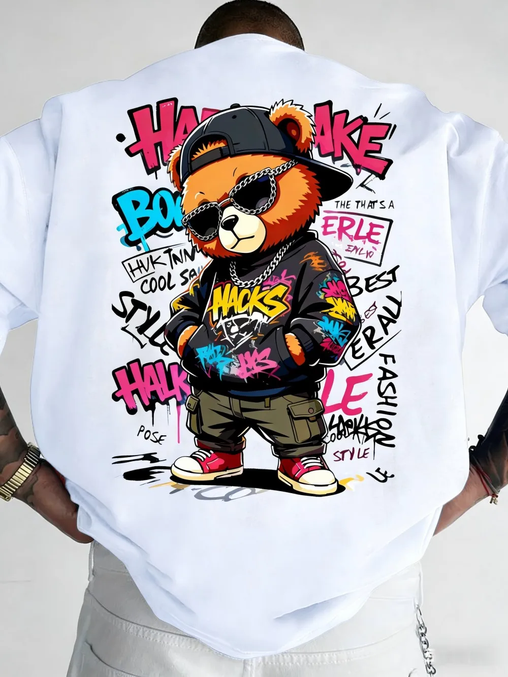 European and American Men's Summer Teddy Bear Graffiti Print Comfortable and Breathable Round Neck T-Shirt Outdoor Street Top image 4