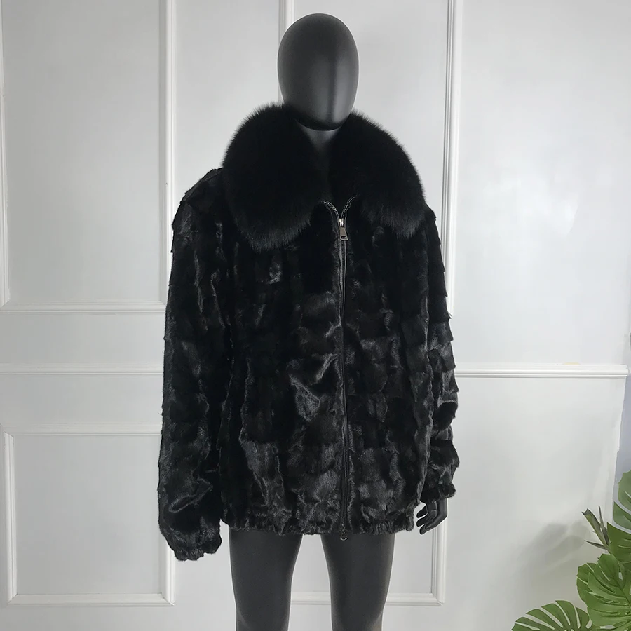 CNEGOVIK Mink Fur Coat Bomber Jacket New Winter Warm Outwear With Fox Fur Collar High Quality Fur Jacket