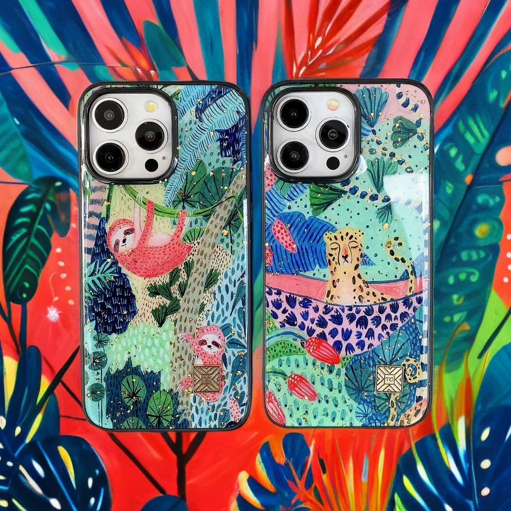 Chic Cute Cartoon Anime Sloth Leopard Silicone Phone Case For iPhone 16 15 14 13 12 11 Pro Max Plus Glitter Gold Foil Back Cover