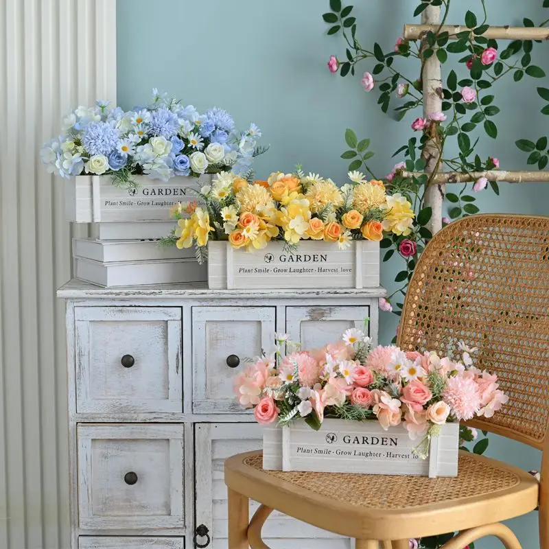 

Faux Flowers in Wooden Fence Planter, Lifelike Artificial Arrangement for Living Room TV Stand – Realistic Greenery Home Decor