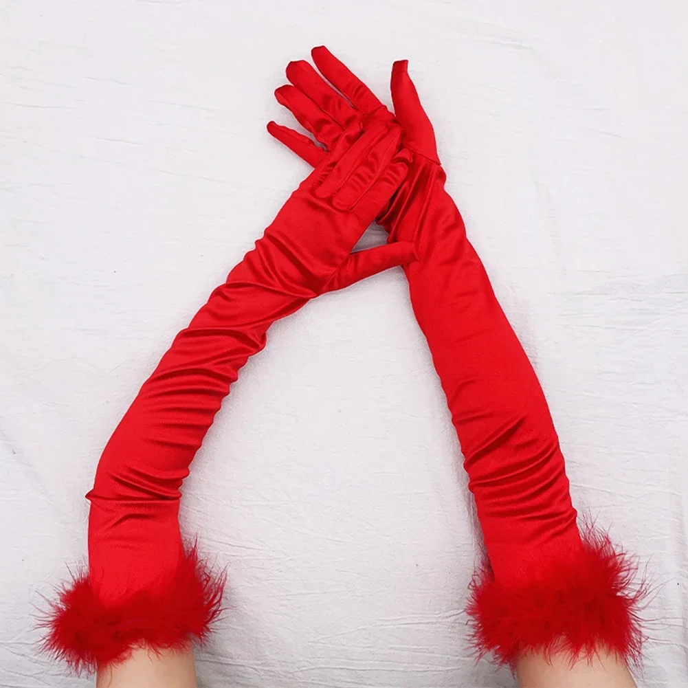 

55cm Feather Satin Retro Style Women Long Gloves Dance Party Christmas Cosplay Stage Performance Fashion Personality Elegant