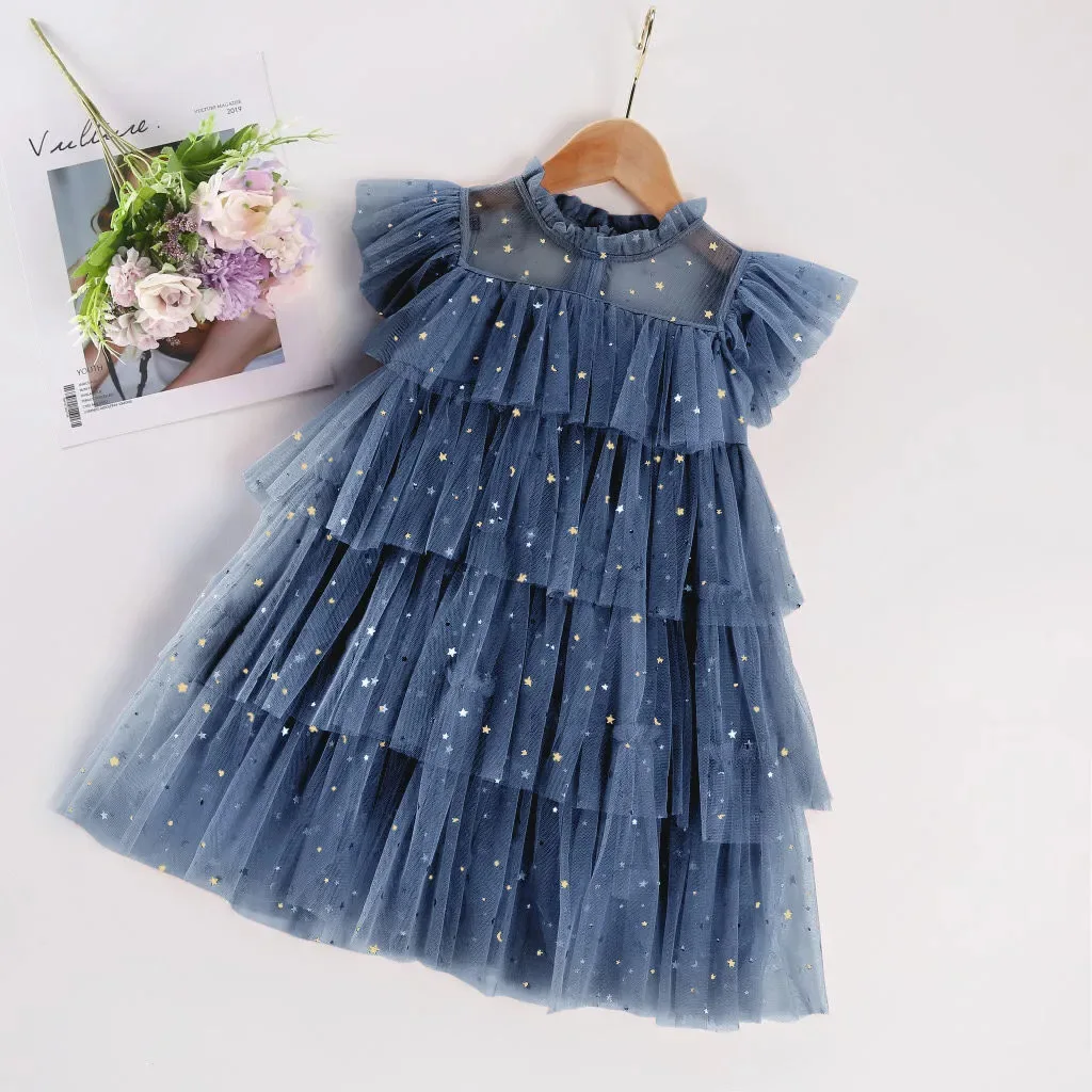 Girls' Mesh Dress 2026 Summer New Children's Cake Princess Mesh Dress with Stars and Sequins Stylish Party Dress
