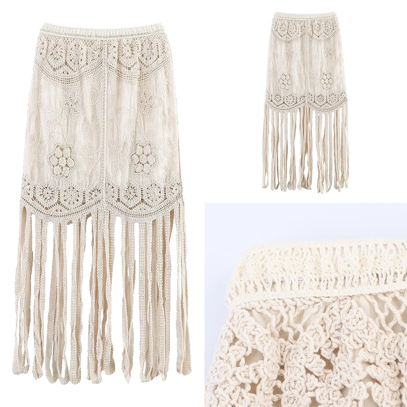 

Ele High Waist Lace Hook Embroidery Tassel Trim Skirt Women's Sle Summer New Arrival Polyester Fiber Midi Skirt