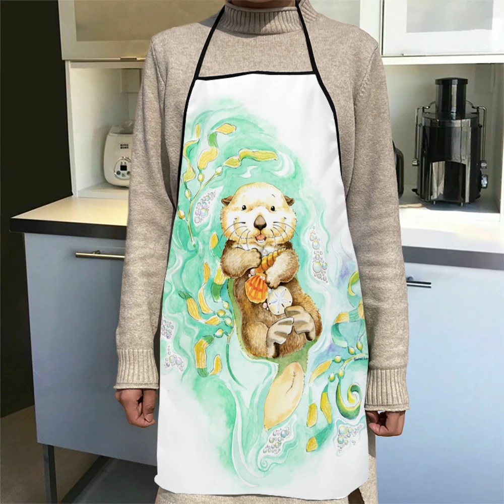 Adorable Otter Art  Pattern Oxford Fabric Apron For Men Women Bibs Home Cooking Baking Cleaning Aprons Kitchen Accessory