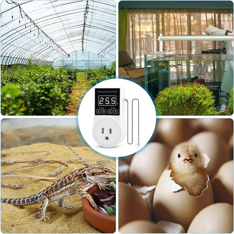 B44C Temperature Controller Greenhouse Thermostat Plug Socket LCD Screen With Waterproof Sensor Probe For Reptile Home US Plug