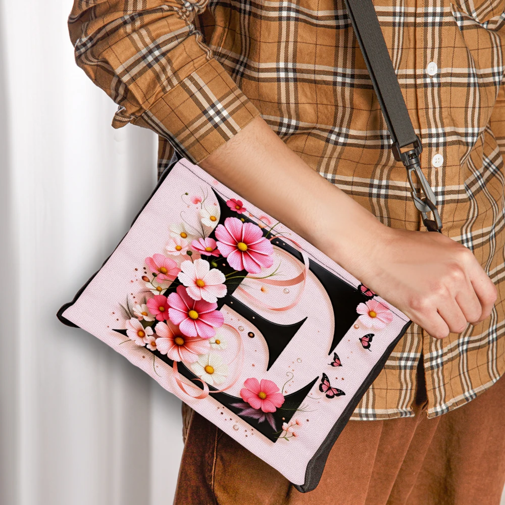 1pc Floral Monogram Crossbody Bag Pink Cherry Blossom And Butterfly Print Shoulder Bag For Women Casual Daily Use Travel Handbag