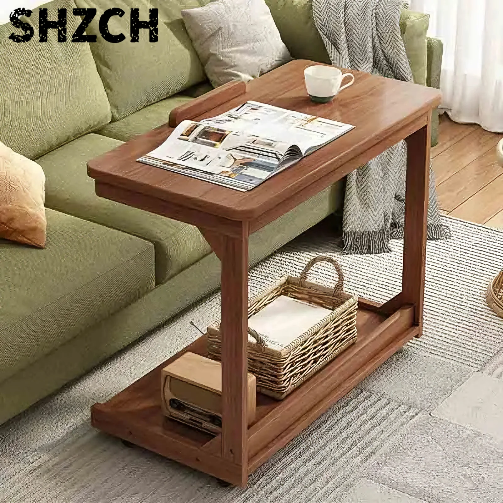Height adjustable Solid Wood Side Table Sofa Bedside Laptop Desk For Living Room Bedroom Study Writing Book Shelf Organizer