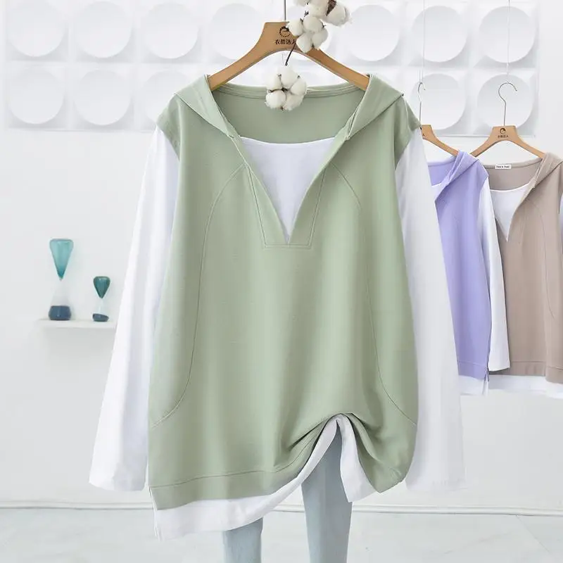 spring autumn Contrast color Fake two pieces Sweatshirts women new Hooded   Long Sleeve fashion Pullovers Casual mid-length tops