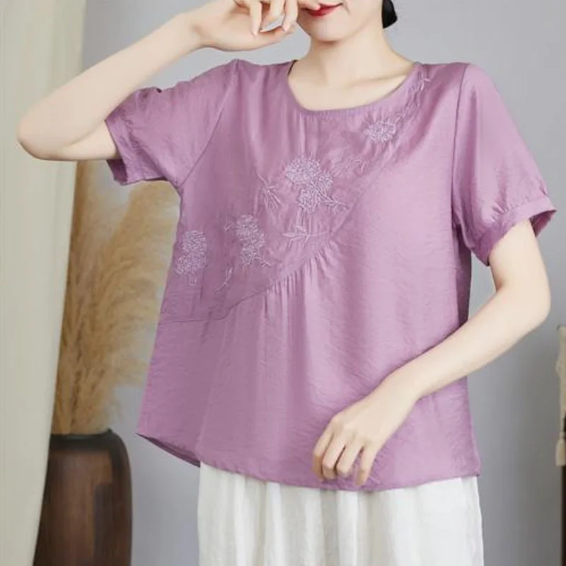 

Летняя однотонная вышитая футболка с коротким рукавом, женский свободный топ с круглым вырезом для беременных