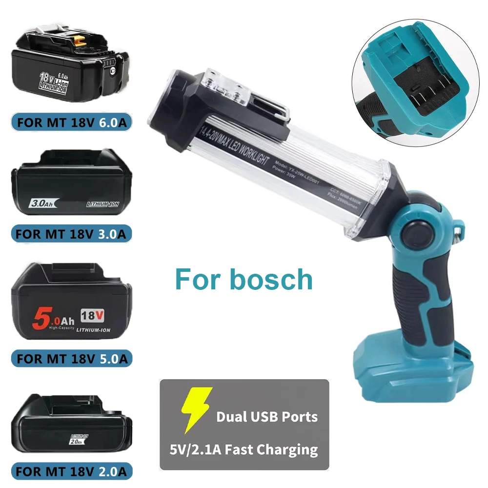 2000LM LED Tool Lamp Work Light for Bosch 18V Li-ion Battery BL1830 BL1850 Outdoor Flashlight Portable Floodlight Spotlight