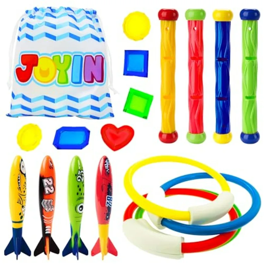 

18Pcs Diving Pool Toys for,Swimming Pool Toy with Storage Bag Includes 4 Pool Rings, 4 Diving Sticks, 4 Bandits, 6 Treasures Un