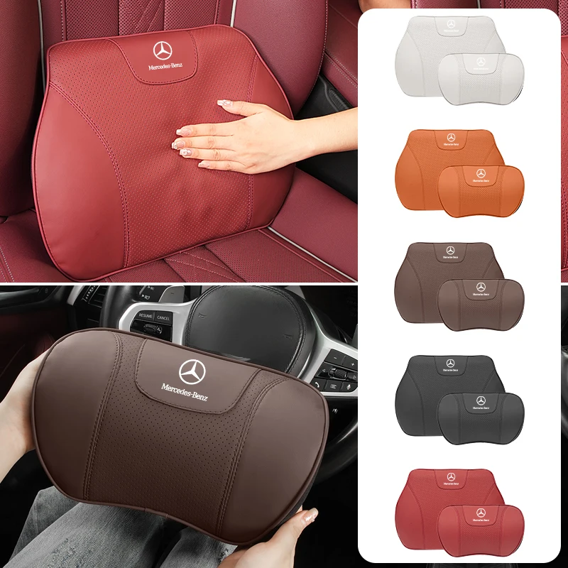 Car Leather Headrest Lumbar Memory Foam Neck Pillow For Mercedes Benz AMG W204 W203 W211 W212 W213 W205 W201 W210 W124 W126 W140