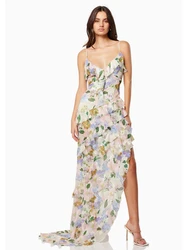 Sexy Spaghetti Straps Floral Printed Ruffle Long Dress Women Sleeveless V Neck Printing Slim Dresses Beach Party Holiday