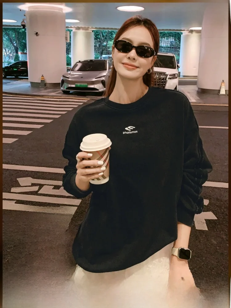 

MeiYang round Ne Sweatirt Friday Heat Generating Original Yarn Printed Loose Fit Women's Long Sve Cotton Blend Sweatirt