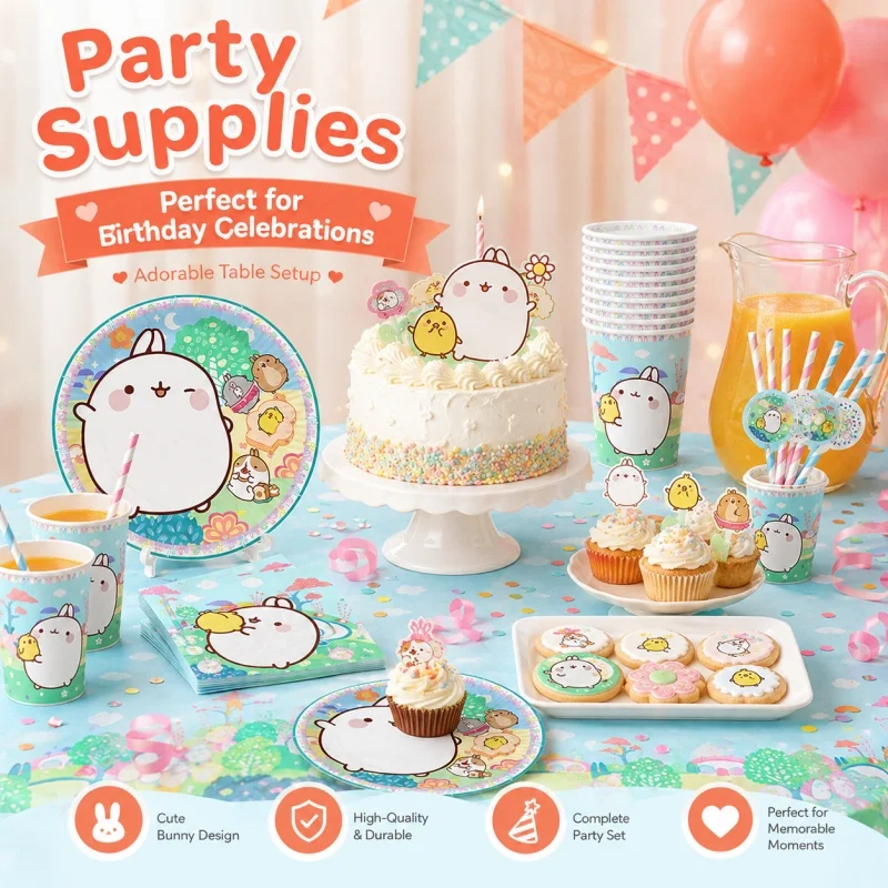 Ensemble de vaisselle pratique Molang pour la décoration de fête d'anniversaire, avec des tasses et des assiettes mignonnes en forme de lapin, adapté aux célébrations en intérieur et en extérieur.