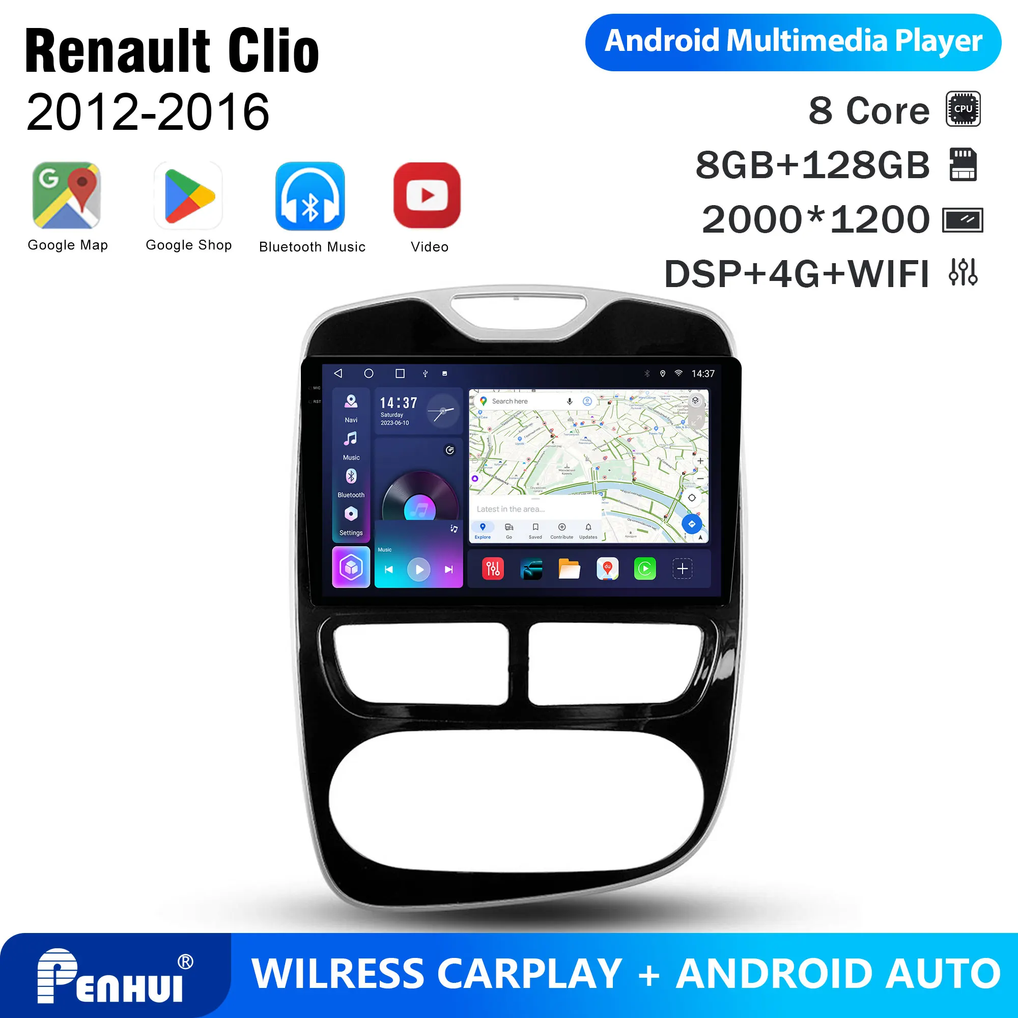 Penhui Android Car DVD Player 2 Din for Renault Clio 2012-2016 Multimedia Screen with DSP, Bluetooth, Audio & CarPlay