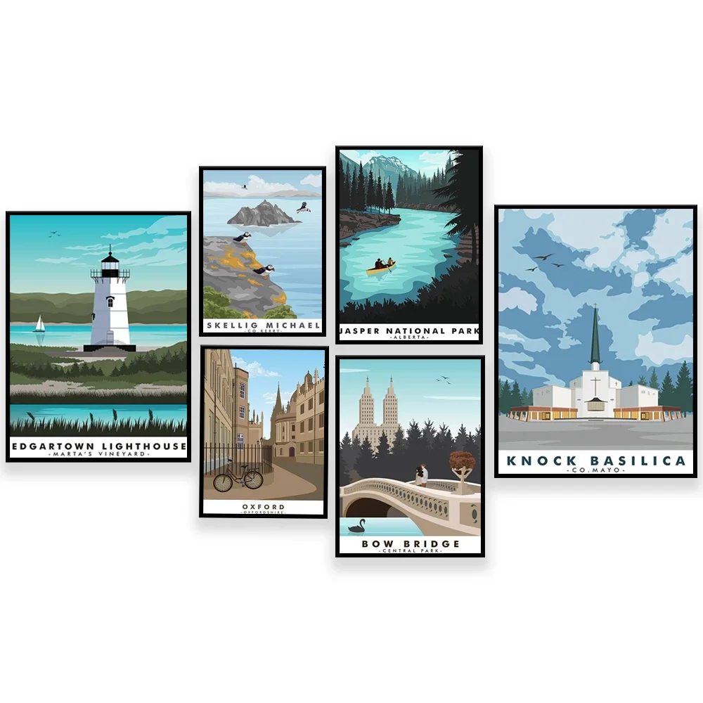 Jamaica, Oxford University, Jasper National Park Alberta, Edgartown Lighthouse Martha, New York City Bow Bridge travel poster